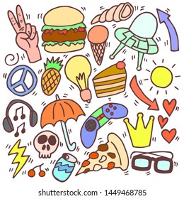 Set of various doodle, cute, cartoon