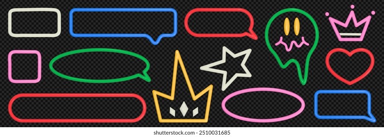 A set of various doodle elements in 3D style. Inflated multi-colored elements in the form of frames, crown, heart, star, speech bubble with reflective plastic texture.