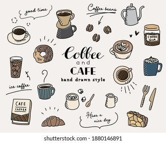 A set of various doodle illustrations related to coffee and cafes