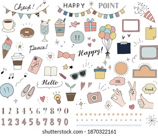 Eine Reihe von verschiedenen Dodle-Illustrationen wie Süßigkeiten, Getränke, Partydekorationen, Garland, Rahmen, Zahlen, etc.