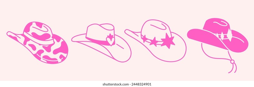 Set of various doodle line style trendy cowboy hats . Boho American western desert elements.Vector funky illustration. 