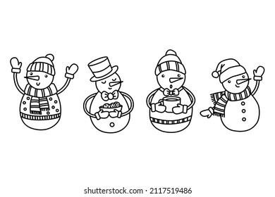 Set of various doodle snowman in Christmas hats