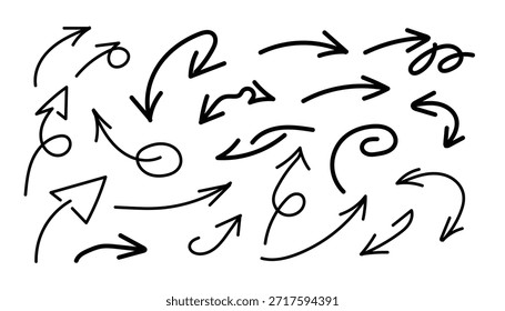 Conjunto de várias setas pretas estilo doodle desenhadas à mão, isoladas em um fundo branco, perfeito para elementos de design gráfico de navegação, direção ou ponteiro.