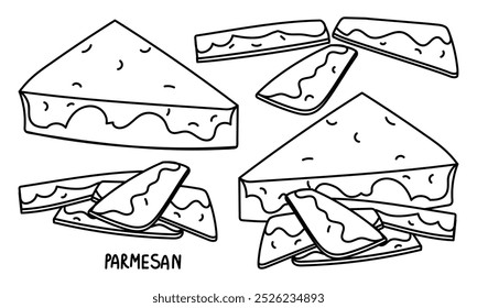 A set of various doodle triangular pieces of parmesan cheese in the form of a group of thin slices. Hard, delicious cheese. a separate type of dairy product. Vector illustration highlighted in white