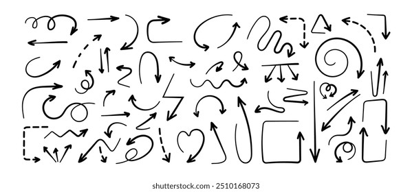 Set of various doodle vector arrows. Hand drawn design elements, different shapes
