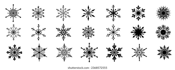 Set of various doodle winter snowflakes.Vector graphics.