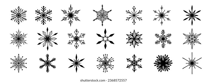 Set of various doodle winter snowflakes.Vector graphics.