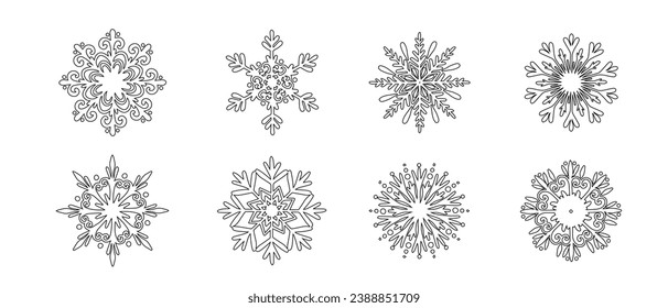 Conjunto de varios copos de nieve de invierno de doodle.Gráficos vectores.	