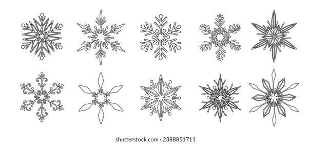 Set of various doodle winter snowflakes.Vector graphics.	