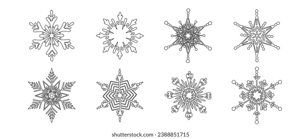 Conjunto de varios copos de nieve de invierno de doodle.Gráficos vectores.	