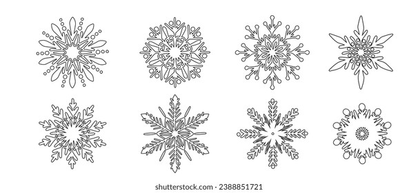 Conjunto de varios copos de nieve de invierno de doodle.Gráficos vectores.	