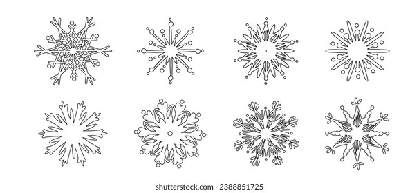Conjunto de varios copos de nieve de invierno de doodle.Gráficos vectores.	