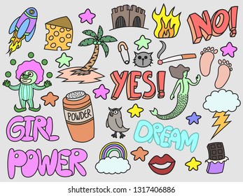Set of various doodles, girl power, doodles, hand drawn