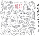 Set of various doodles, hand drawn rough simple sketches of different kinds and parts of meat. Vector freehand illustration isolated on white background.