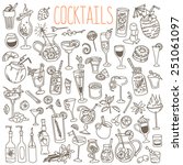 Set of various doodles, hand drawn rough simple sketches of various kinds of cocktails and soft drinks. Vector freehand illustration isolated on white background.