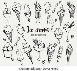 Set of various doodles, hand drawn rough simple ice cream sketches. Vector illustration isolated on background