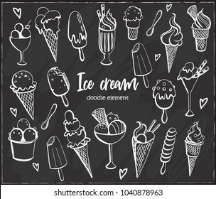 Set of various doodles, hand drawn rough simple ice cream sketches. Vector illustration isolated on chalkboard