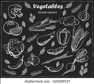 Set of various doodles, hand drawn rough simple sketches of different kinds of vegetables. Vector freehand illustration isolated on black background.