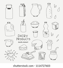 Set of various doodles, hand drawn rough simple sketches of different kinds of diary products. Vector freehand illustration isolated on background.