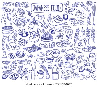 Set of various doodles, hand drawn rough simple Japanese cuisine food sketches. 