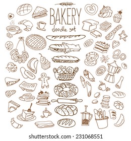 Set Of Various Doodles, Hand Drawn Rough Simple Bread And Pastry Sketches. Isolated On Background