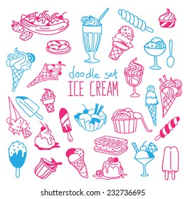 Set of various doodles, hand drawn rough simple ice cream sketches. Vector illustration isolated on white background