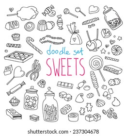 Set of various doodles, hand drawn rough simple sweets and candies sketches. Vector illustration isolated on white background