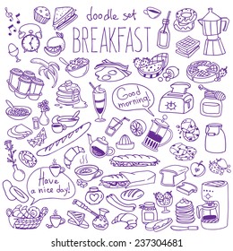 Set of various doodles, hand drawn rough simple breakfast meals sketches. Vector illustration isolated on white background