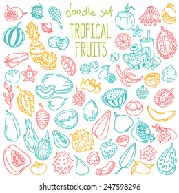 Set of various doodles, hand drawn rough simple sketches of different kinds of tropical fruits. Vector freehand illustration isolated on white background.