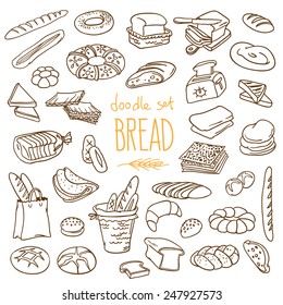 Set of various doodles, hand drawn rough simple sketches of different kinds of bread. Vector freehand illustration isolated on white background.