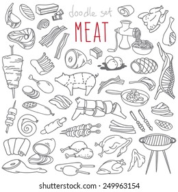 Set of various doodles, hand drawn rough simple sketches of different kinds and parts of meat. Vector freehand illustration isolated on white background.