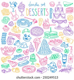 Diversos doodles, pequeños bocetos hechos a mano de diferentes tipos de postres, dulces, dulces y pasteles. Ilustración libre vectorial aislada en fondo blanco.