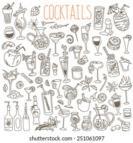 Set of various doodles, hand drawn rough simple sketches of various kinds of cocktails and soft drinks. Vector freehand illustration isolated on white background.