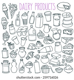 Set of various doodles, hand drawn rough simple sketches of different kinds of diary products. Vector freehand illustration isolated on white background.