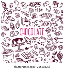 Set of various doodles, hand drawn rough simple sketches of different kinds of cocoa and chocolate production. Vector freehand illustration isolated on white background.