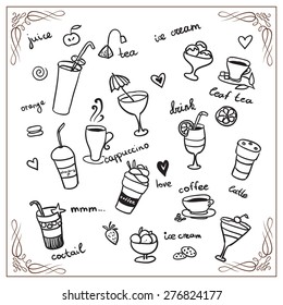 Set of various doodles, hand drawn  cocktails and soft drinks. Vector freehand illustration isolated on white background. Coffee, cocktail, cappuccino, latte, tea, leaf tea, mint, orange juice, fresh