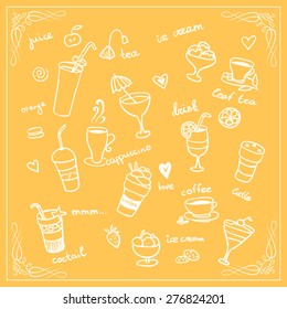 Set of various doodles, hand drawn cocktails and soft drinks. Vector freehand illustration isolated on yellow background. Coffee, cocktail, cappuccino, latte, tea, leaf tea, mint, orange juice, fresh