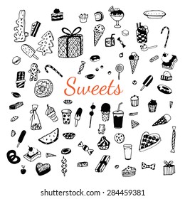 Set of various doodles, hand drawn rough simple sweets and candies sketches. Vector illustration isolated on white background