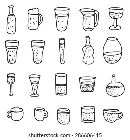 Set of various doodles, hand drawn rough simple sketches of various types of alcoholic and non-alcoholic drinks.