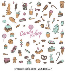 Set of various doodles, hand drawn rough simple sweets and candies sketches. Vector illustration isolated on white background
