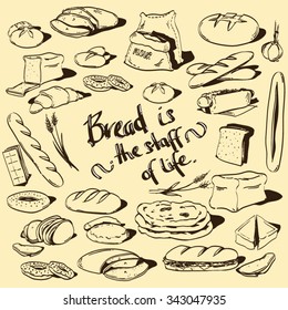 Set of various doodles, hand drawn rough simple sketches of different kinds of bread