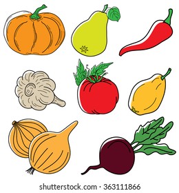 Set of various doodles, hand drawn rough simple sketches of different kinds of vegetables. Vector freehand illustration isolated on white background.