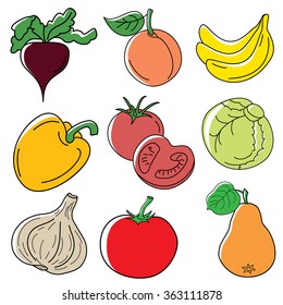 Set of various doodles, hand drawn rough simple sketches of different kinds of vegetables. Vector freehand illustration isolated on white background.