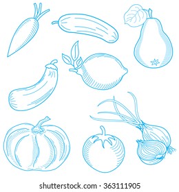Set of various doodles, hand drawn rough simple sketches of different kinds of vegetables. Vector freehand illustration isolated on white background.