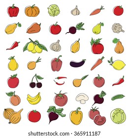 Set of various doodles, hand drawn rough simple sketches of different kinds of vegetables. Vector freehand illustration isolated on white background.