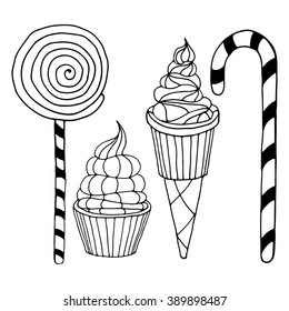 Set of various doodles, hand drawn rough simple sweets and candies sketches. Vector illustration isolated on white background