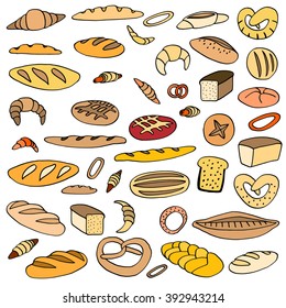 Set of various doodles, hand drawn rough simple sketches of different kinds of bread. Vector freehand illustration isolated on white background.