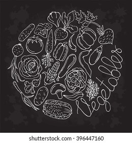 Set of various doodles, hand drawn rough simple sketches of different kinds of vegetables. Vector object illustration isolated on black background. Corn, potatoes, tomatoes, carrots, cabbage, onions.