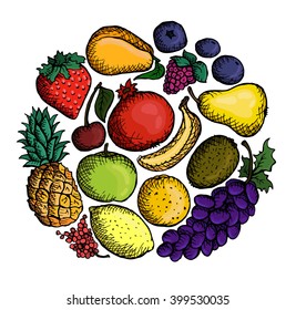 Set of various doodles, hand drawn rough simple sketches of different kinds of fruits. Vector freehand illustration isolated on white background. Banana, apple, orange, strawberry, cherry, pineapple.
