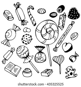 Set of various doodles, hand drawn rough simple sweets and candies sketches. Vector illustration isolated on white background